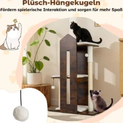 120 cm hoher Kratzbaum Holz Katzenkratzbaum mit Sisal-Kratzpfosten & hängenden Bällen Katzenbaum Rustikales Braun