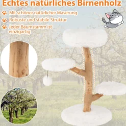 90 cm hoher Kratzbaum Katzenturm aus massivem Birnbaumholz mit Aussichtsplattform Weiß