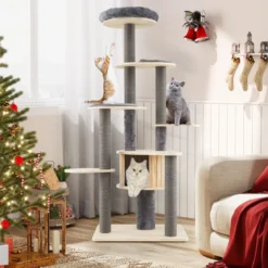 172 cm hoher Kratzbaum mehrstöckiger Katzenbaum mit bequem gepolsterter oberer Sitzplattform Grau