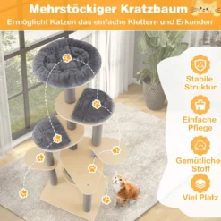 172 cm hoher Kratzbaum mehrstöckiger Katzenbaum mit bequem gepolsterter oberer Sitzplattform Grau