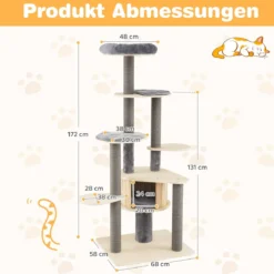 172 cm hoher Kratzbaum mehrstöckiger Katzenbaum mit bequem gepolsterter oberer Sitzplattform Grau