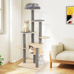 172 cm hoher Kratzbaum mehrstöckiger Katzenbaum mit bequem gepolsterter oberer Sitzplattform Grau