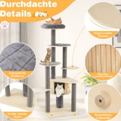 172 cm hoher Kratzbaum mehrstöckiger Katzenbaum mit bequem gepolsterter oberer Sitzplattform Grau