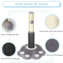 52 cm Hoher Kratzpfosten Katzenturm mit Selbstpflegekamm Süße Plattform Grau