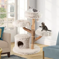 102 cm Hoher Moderner Kratzbaum mit Echtholzstamm & Hängender Ball Kletterturm für Katzen