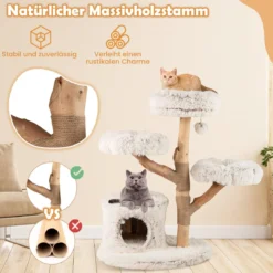 102 cm Hoher Moderner Kratzbaum mit Echtholzstamm & Hängender Ball Kletterturm für Katzen