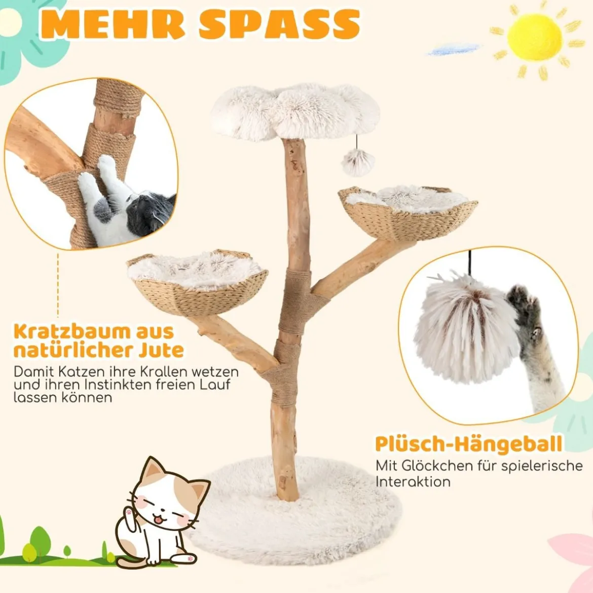 122 cm Hoher Moderner Kratzbaum mit Echter Baumstamm & BlumenplattformKletterturm