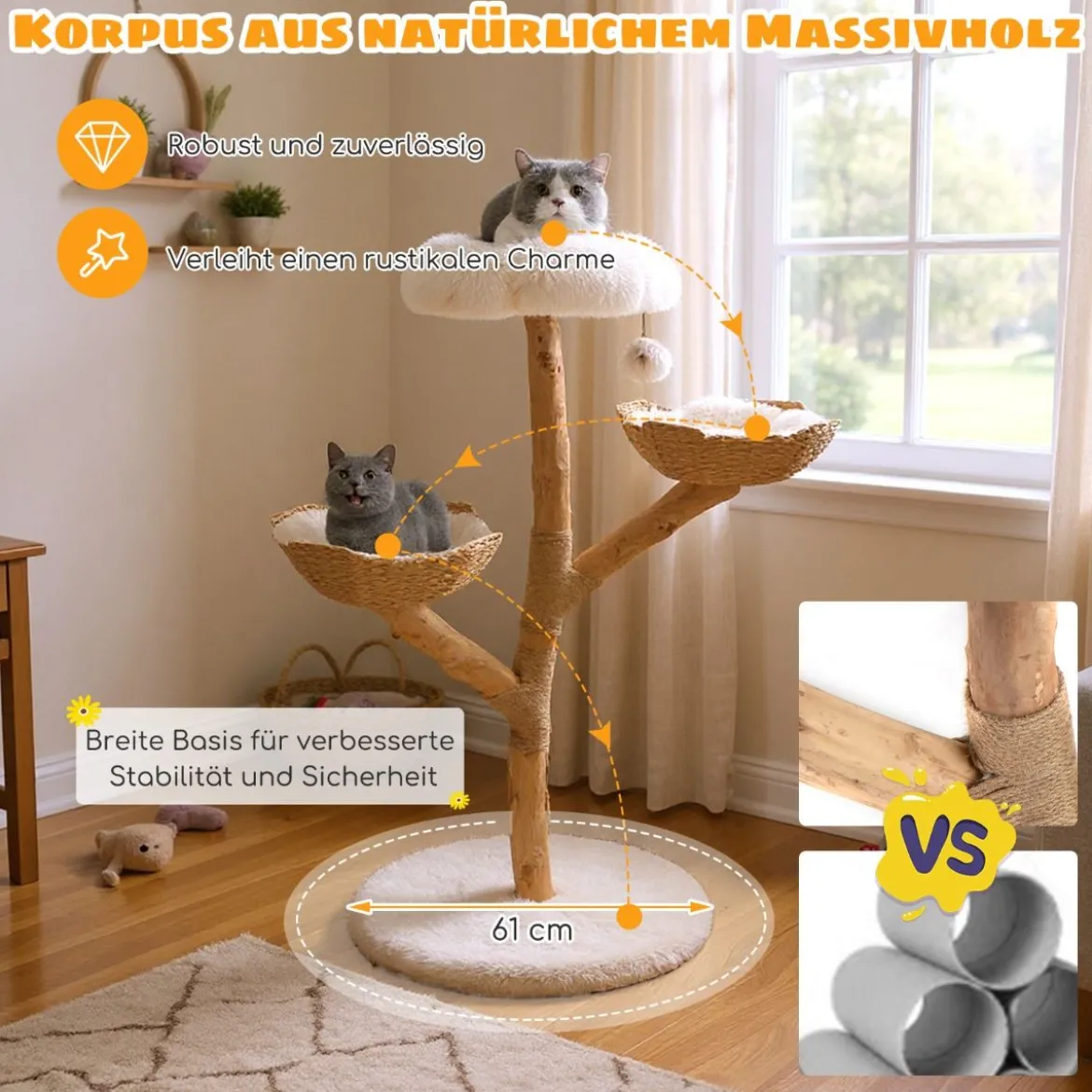 122 cm Hoher Moderner Kratzbaum mit Echter Baumstamm & BlumenplattformKletterturm