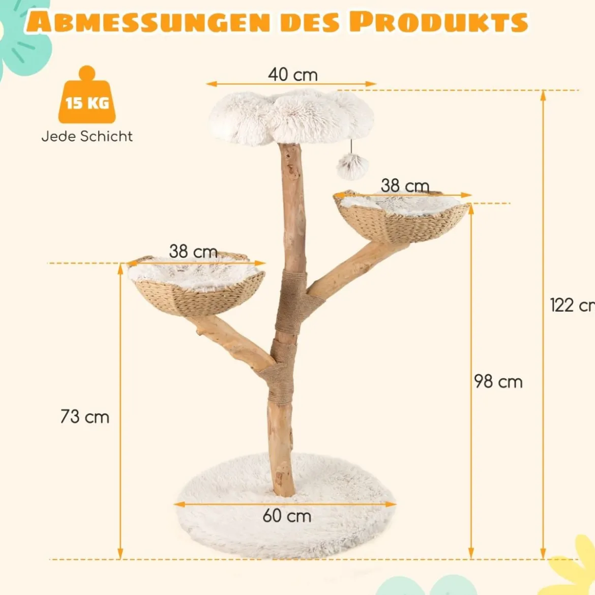 122 cm Hoher Moderner Kratzbaum mit Echter Baumstamm & BlumenplattformKletterturm