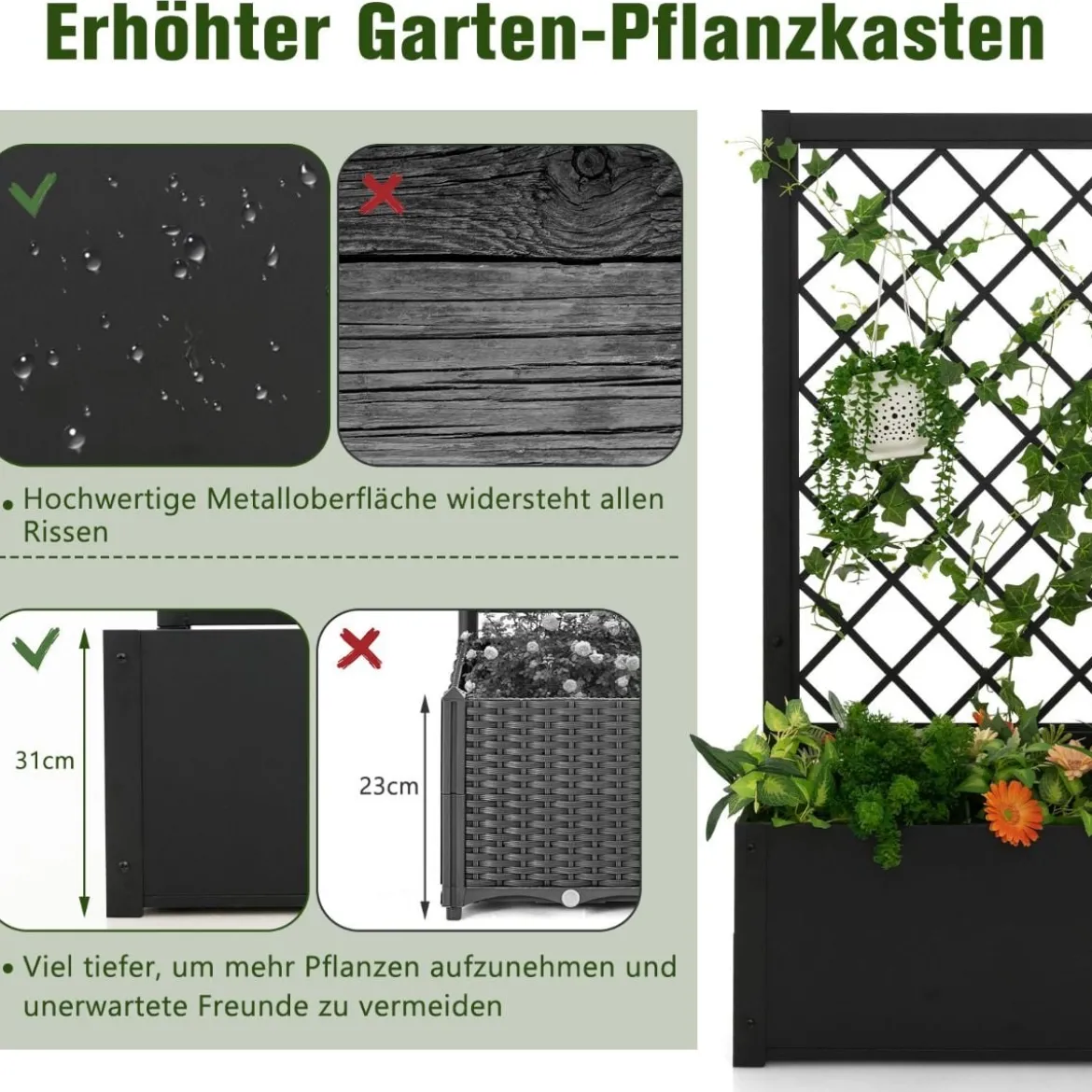 124 cm hoher Pflanzkasten aus Metall Hochbeet mit Rankgitter Outdoor-Pflanzbehälter
