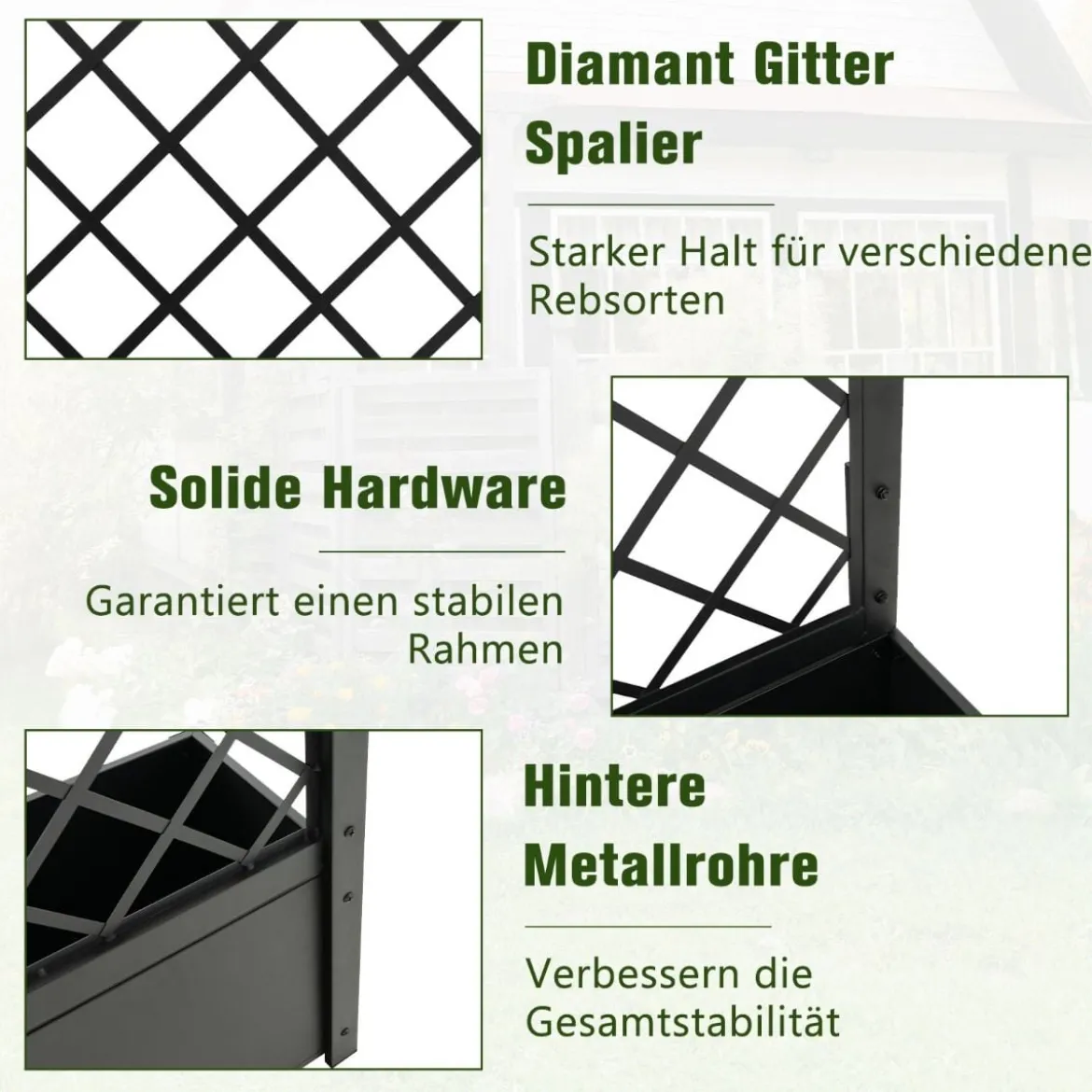 124 cm hoher Pflanzkasten aus Metall Hochbeet mit Rankgitter Outdoor-Pflanzbehälter