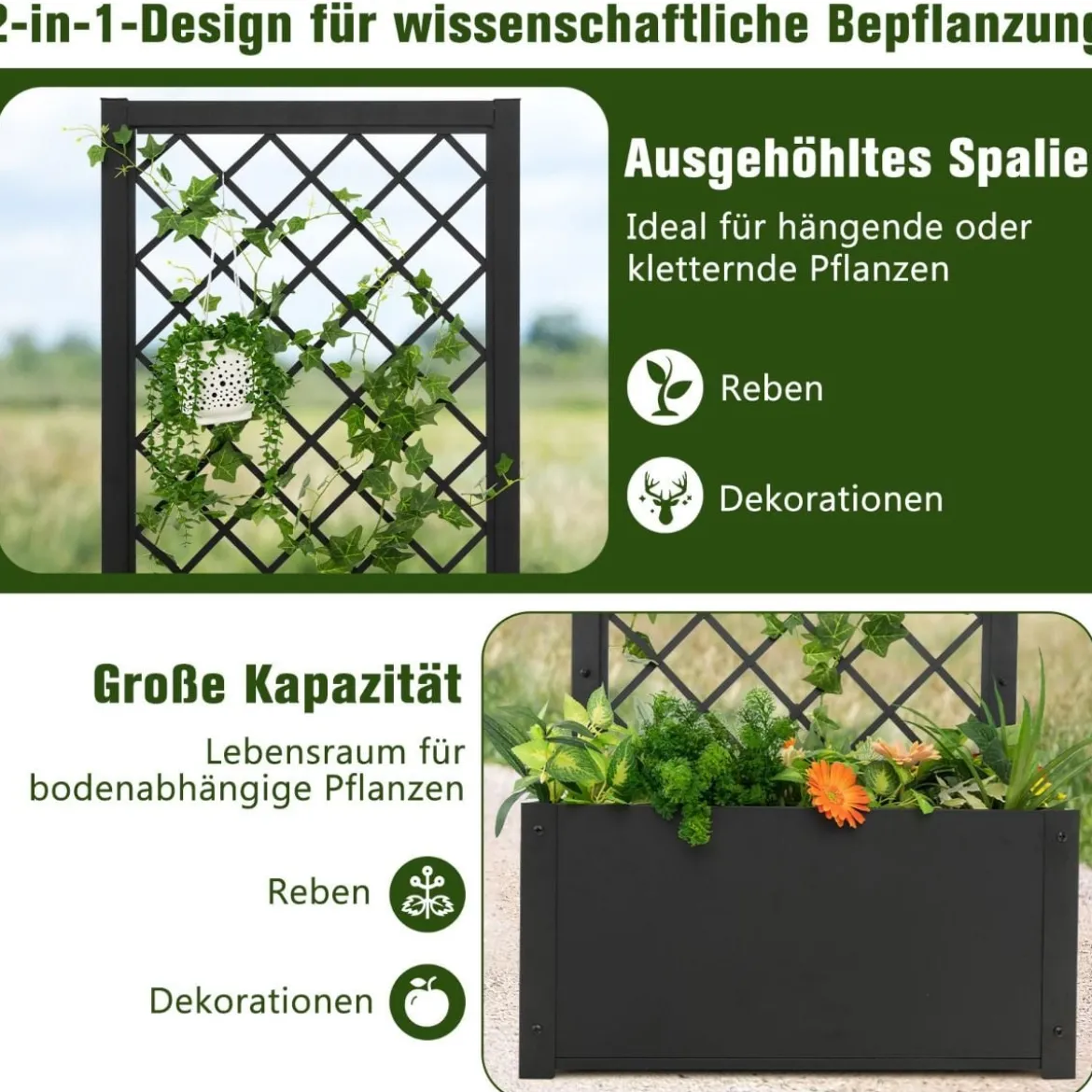 124 cm hoher Pflanzkasten aus Metall Hochbeet mit Rankgitter Outdoor-Pflanzbehälter