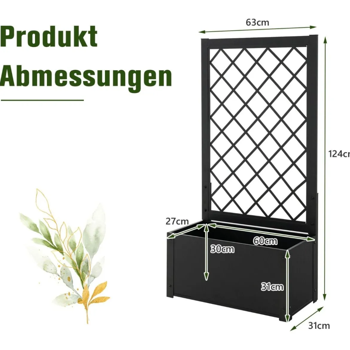 124 cm hoher Pflanzkasten aus Metall Hochbeet mit Rankgitter Outdoor-Pflanzbehälter