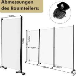 180 cm Hoher Raumteiler auf Rädern Klappbarer Paravent mit 3 frei Kombinierbaren Paneelen Weiß
