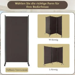 180 cm Hoher Raumteiler auf Rädern Klappbarer Paravent mit 3 frei Kombinierbaren Paneelen Braun