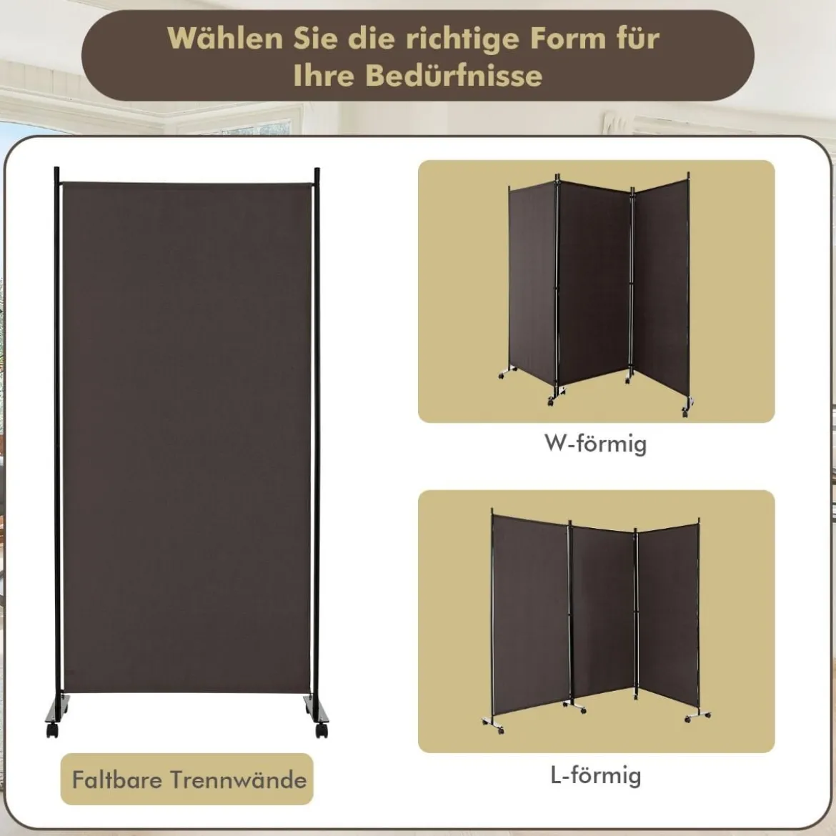 180 cm Hoher Raumteiler auf Rädern Klappbarer Paravent mit 3 frei Kombinierbaren Paneelen Braun