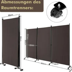 180 cm Hoher Raumteiler auf Rädern Klappbarer Paravent mit 3 frei Kombinierbaren Paneelen Braun