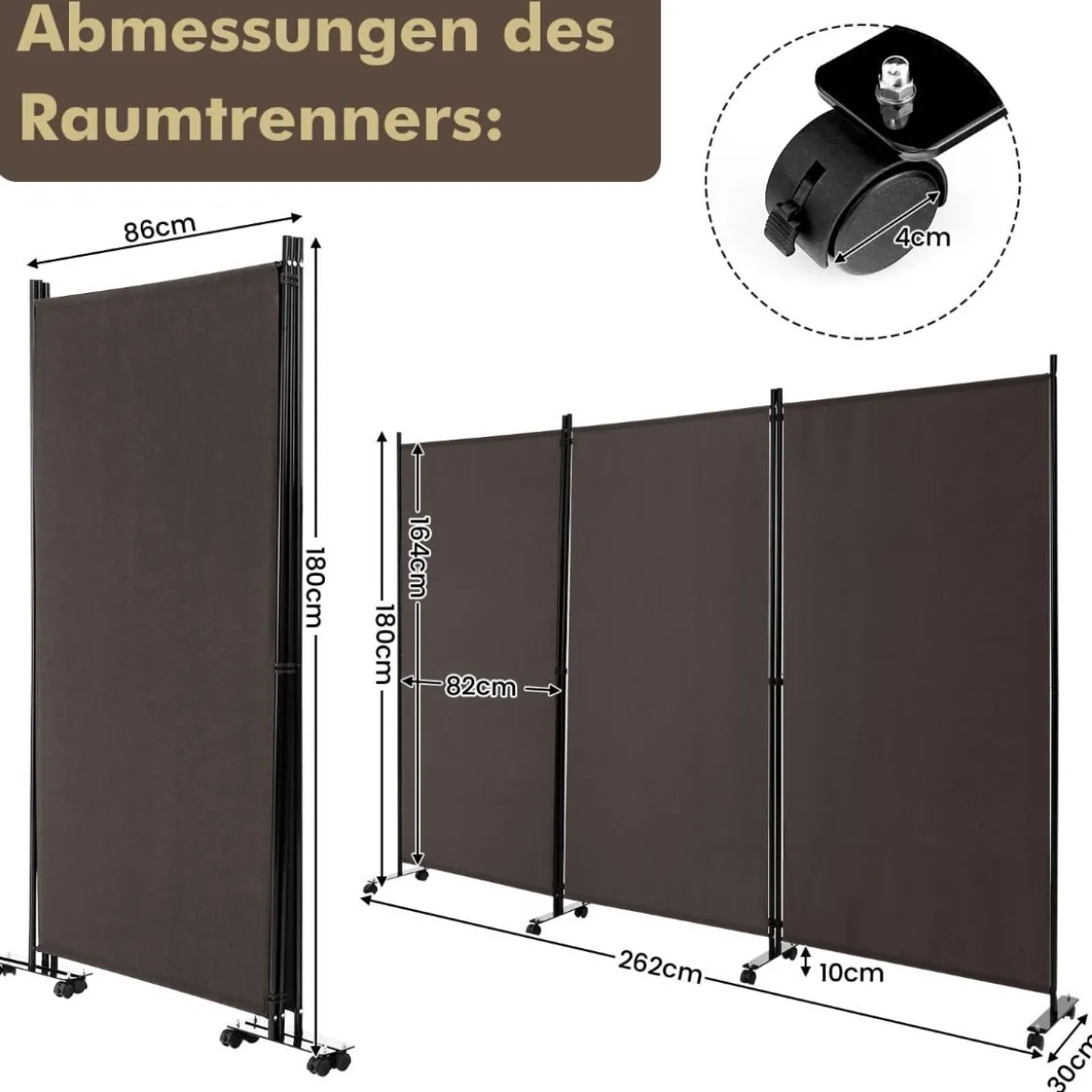 180 cm Hoher Raumteiler auf Rädern Klappbarer Paravent mit 3 frei Kombinierbaren Paneelen Braun