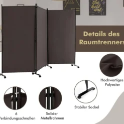 180 cm Hoher Raumteiler auf Rädern Klappbarer Paravent mit 3 frei Kombinierbaren Paneelen Braun