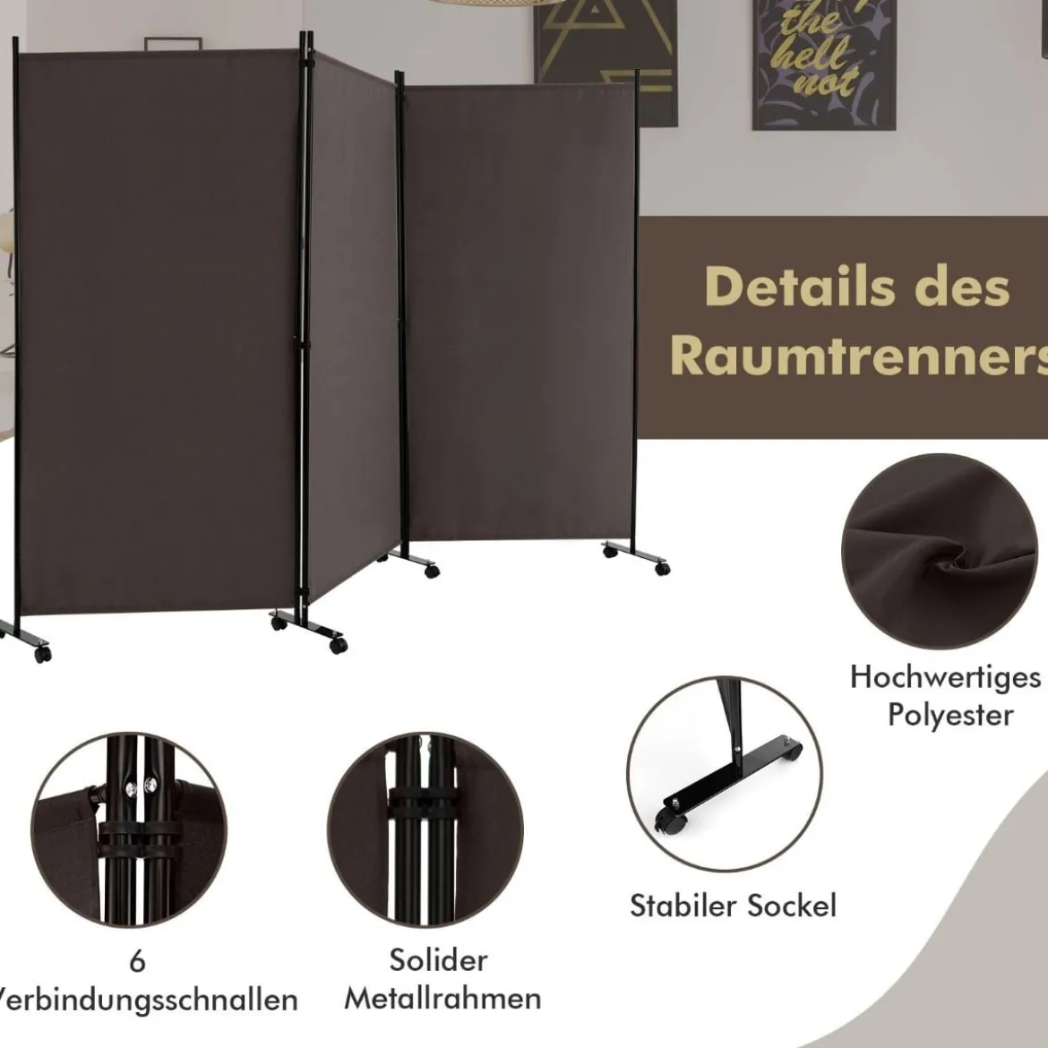 180 cm Hoher Raumteiler auf Rädern Klappbarer Paravent mit 3 frei Kombinierbaren Paneelen Braun