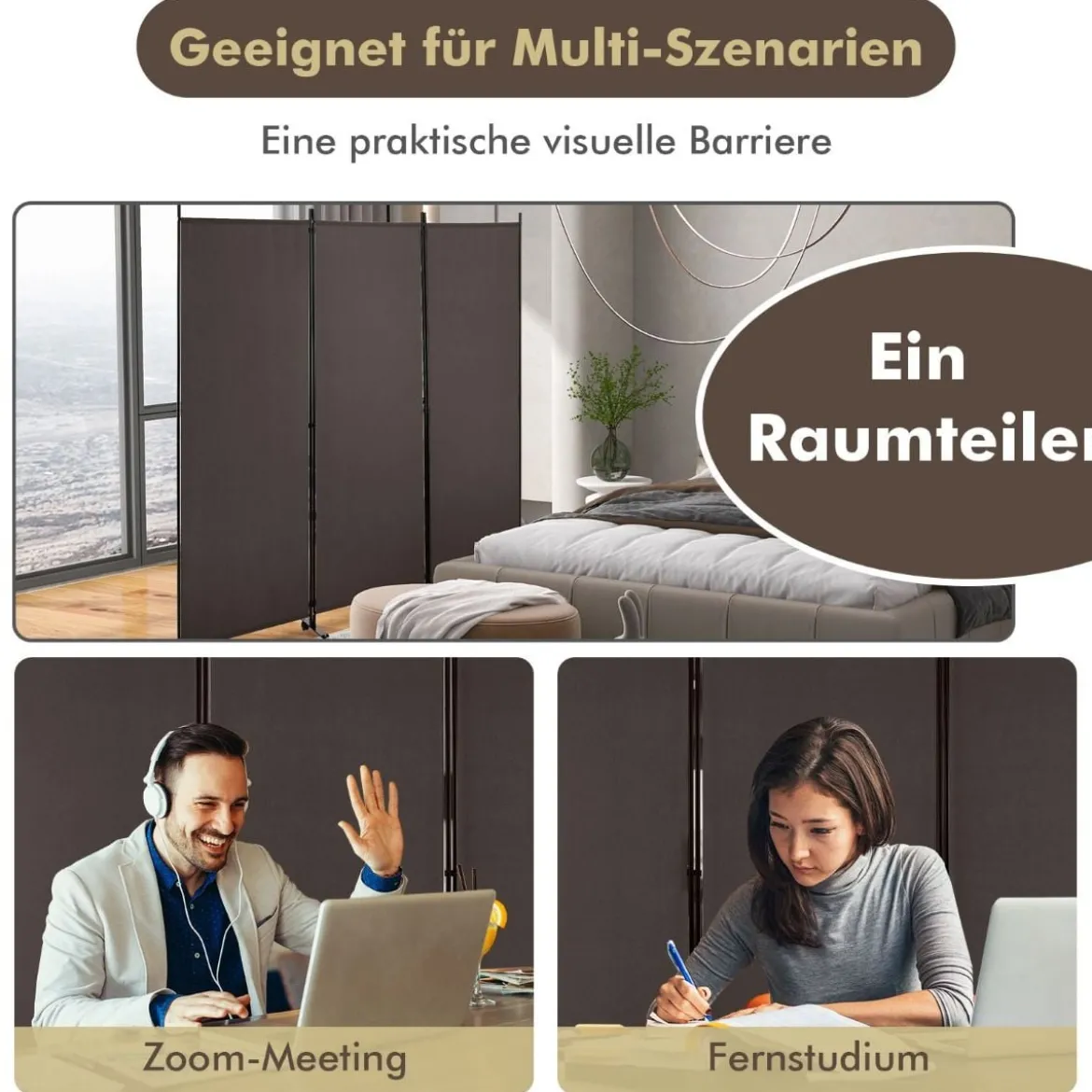 180 cm Hoher Raumteiler auf Rädern Klappbarer Paravent mit 3 frei Kombinierbaren Paneelen Braun