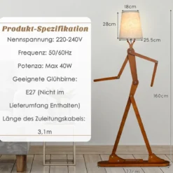 160 cm Hohe Stehlampe aus Holz Dekorative Humanoide Eckleuchte Natur