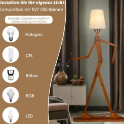 160 cm Hohe Stehlampe aus Holz Dekorative Humanoide Eckleuchte Natur