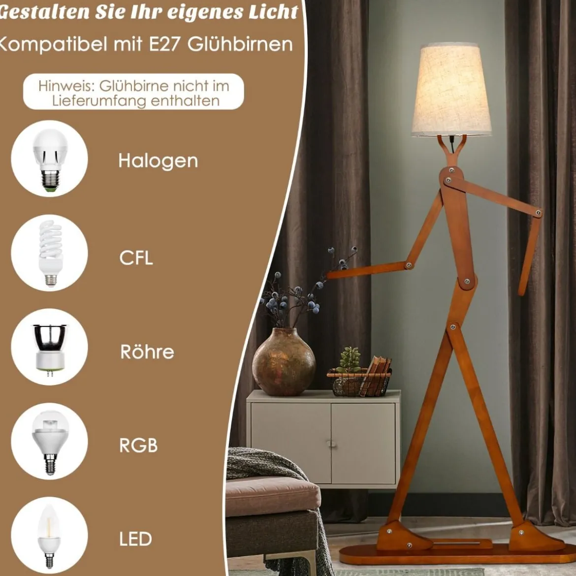 160 cm Hohe Stehlampe aus Holz Dekorative Humanoide Eckleuchte Natur