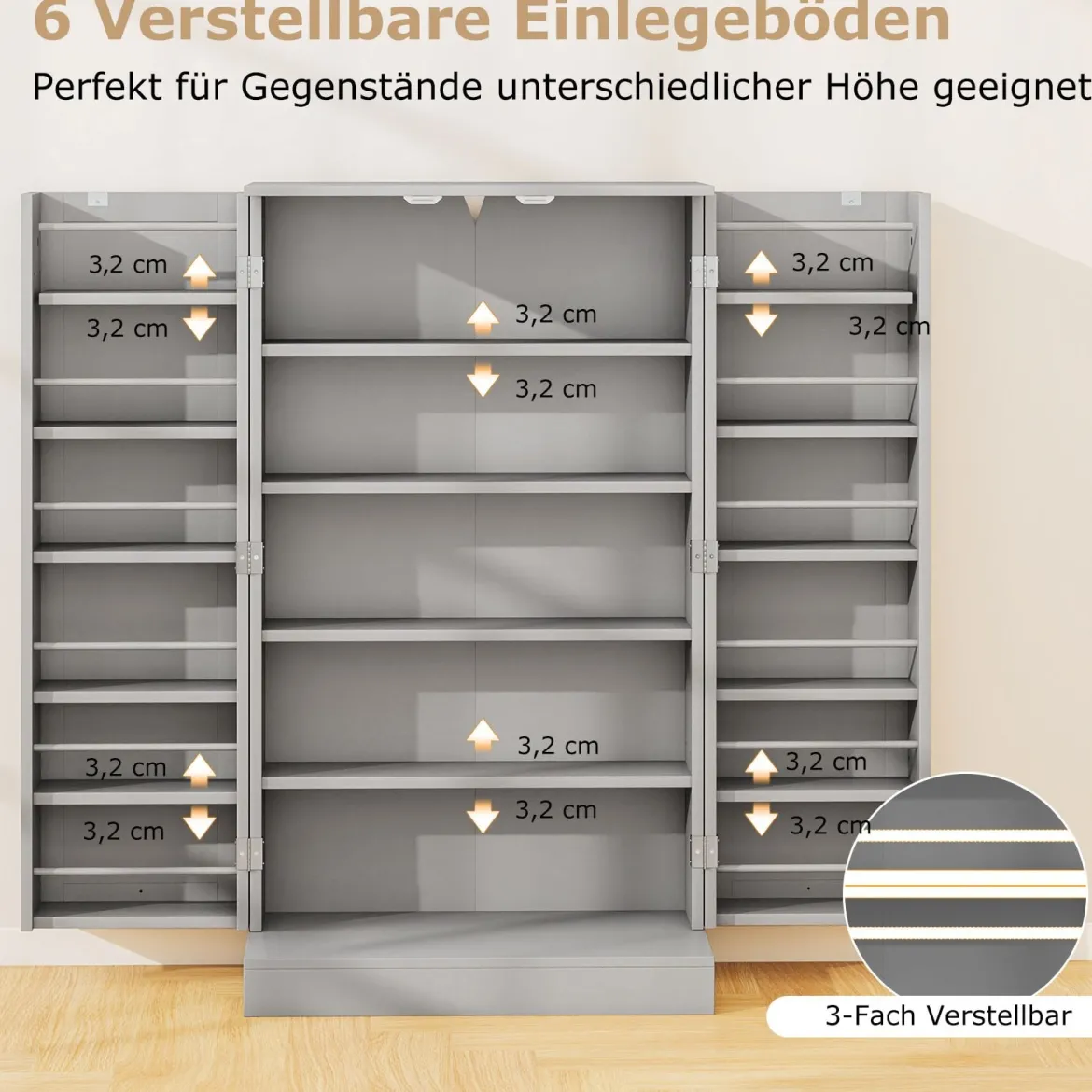 104 cm hohes Vorratsschrank Küchenschrank mit Türen & verstellbaren Regalen freistehendes Buffet-Sideboard Grau