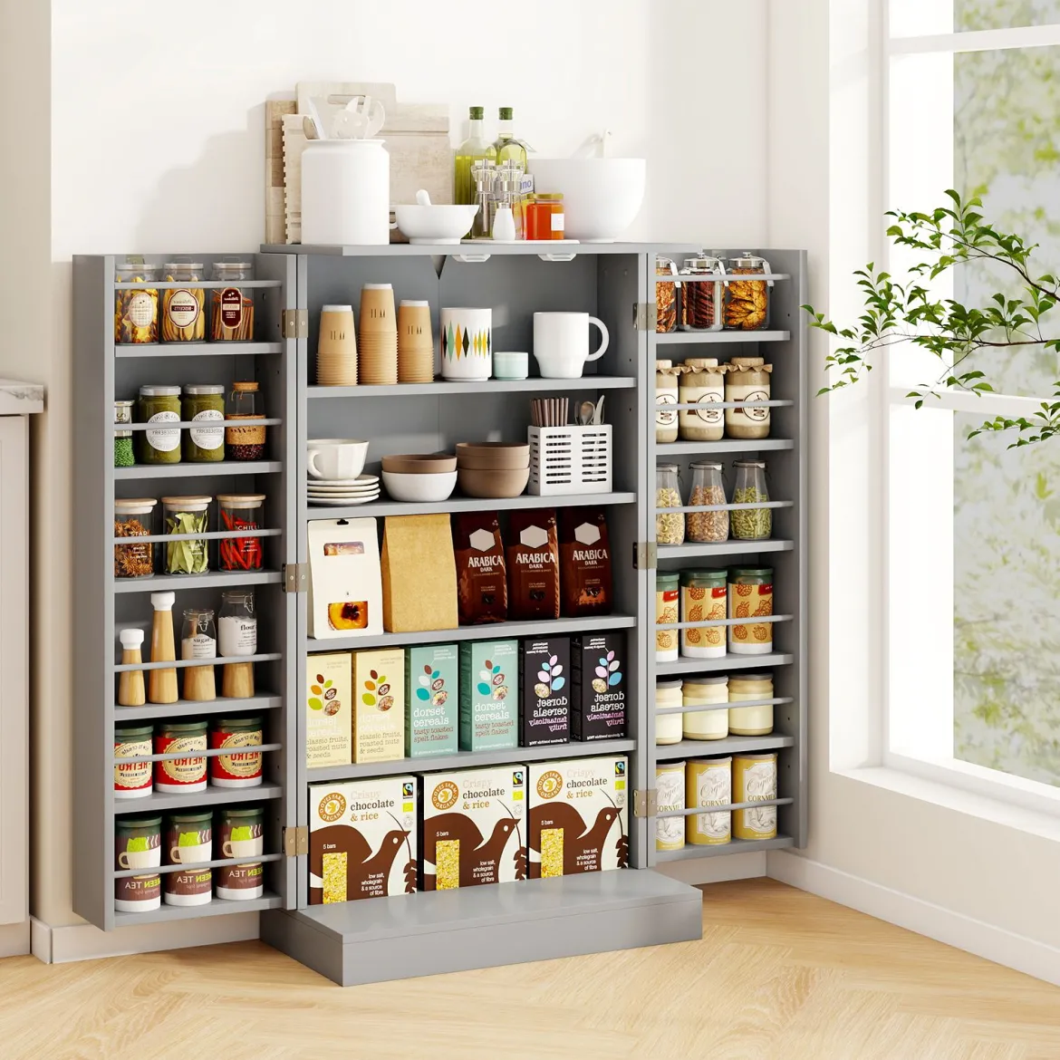 104 cm hohes Vorratsschrank Küchenschrank mit Türen & verstellbaren Regalen freistehendes Buffet-Sideboard Grau