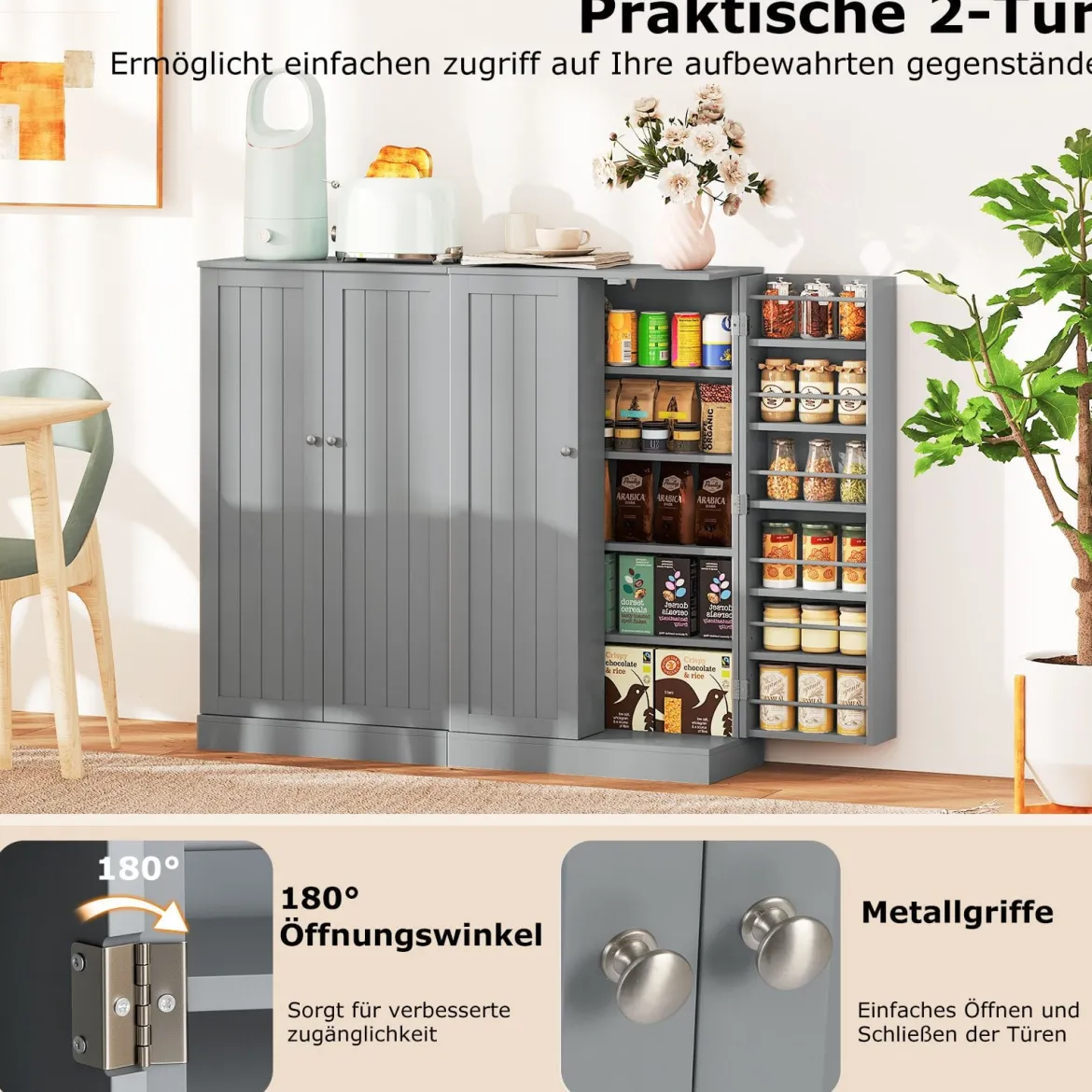 104 cm hohes Vorratsschrank Küchenschrank mit Türen & verstellbaren Regalen freistehendes Buffet-Sideboard Grau