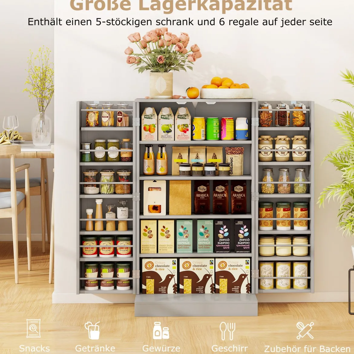 104 cm hohes Vorratsschrank Küchenschrank mit Türen & verstellbaren Regalen freistehendes Buffet-Sideboard Grau