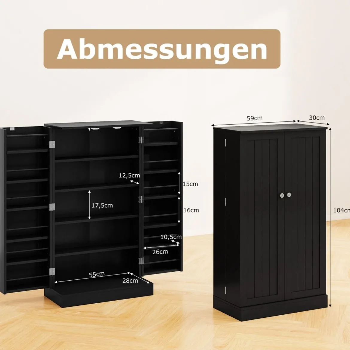 104 cm hohes Vorratsschrank Küchenschrank mit Türen & verstellbaren Regalen freistehendes Buffet-Sideboard Schwarz