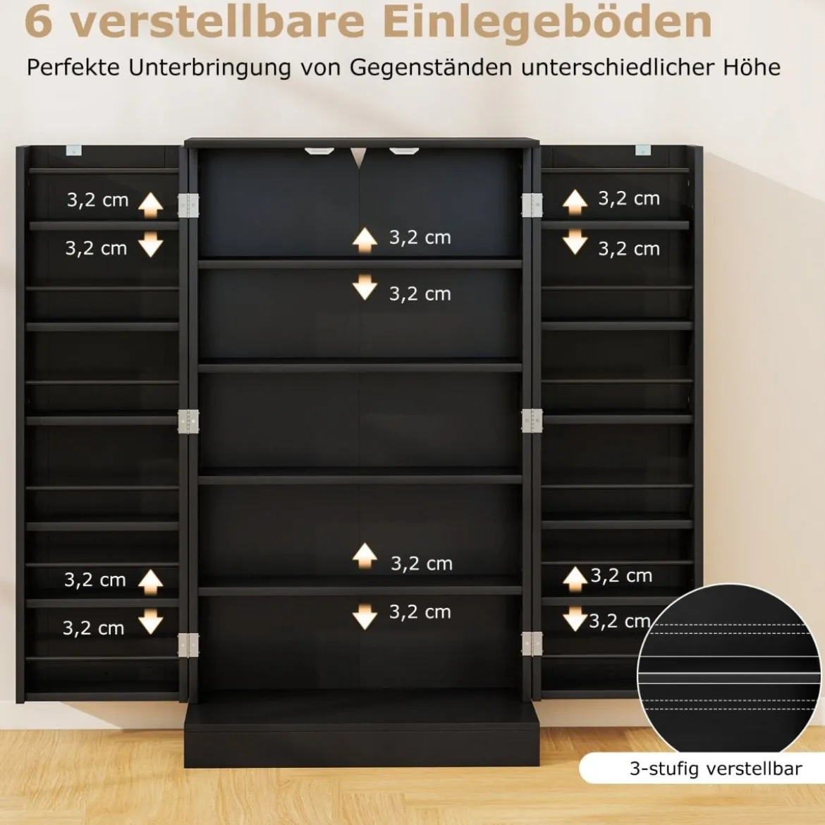104 cm hohes Vorratsschrank Küchenschrank mit Türen & verstellbaren Regalen freistehendes Buffet-Sideboard Schwarz