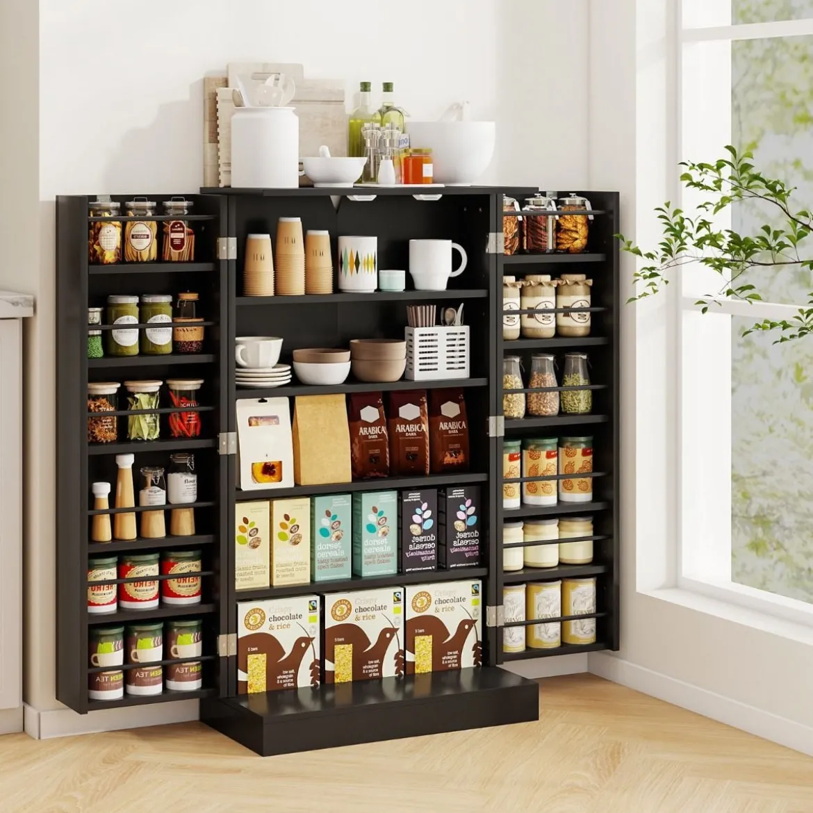 104 cm hohes Vorratsschrank Küchenschrank mit Türen & verstellbaren Regalen freistehendes Buffet-Sideboard Schwarz