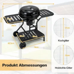 φ57cm Holzkohlegrill mit Deckel & Großem Aschefänger & Seitenablagen & Haken & Rädern Schwarz