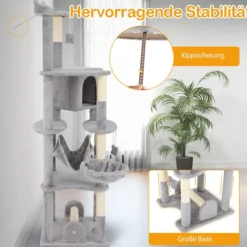 176 cm Holz Kratzbaum mit Höhle & Korbbett & Hängematte & Sisalpfosten Katzenbaum