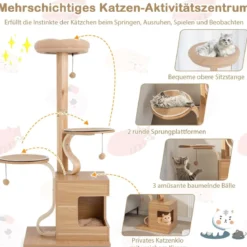 129 cm Holz Kratzbaum mit Katzenhöhle & Abnehmbaren Matten & Bällen Katzenbaum