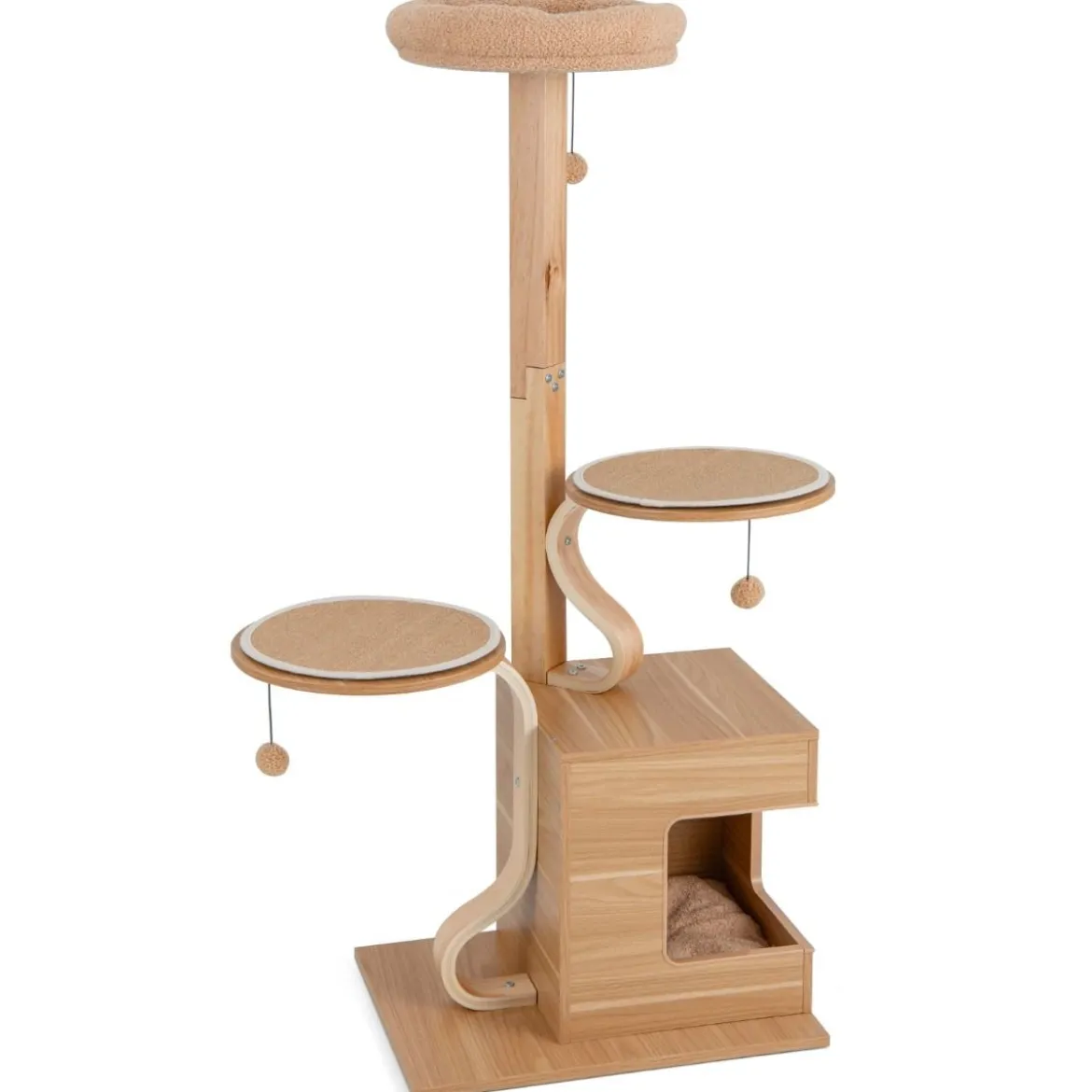 129 cm Holz Kratzbaum mit Katzenhöhle & Abnehmbaren Matten & Bällen Katzenbaum