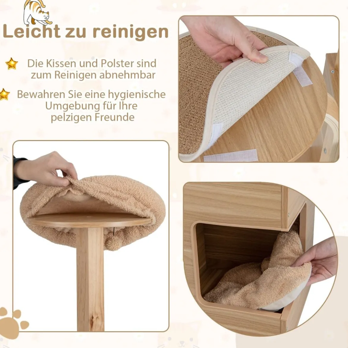 129 cm Holz Kratzbaum mit Katzenhöhle & Abnehmbaren Matten & Bällen Katzenbaum