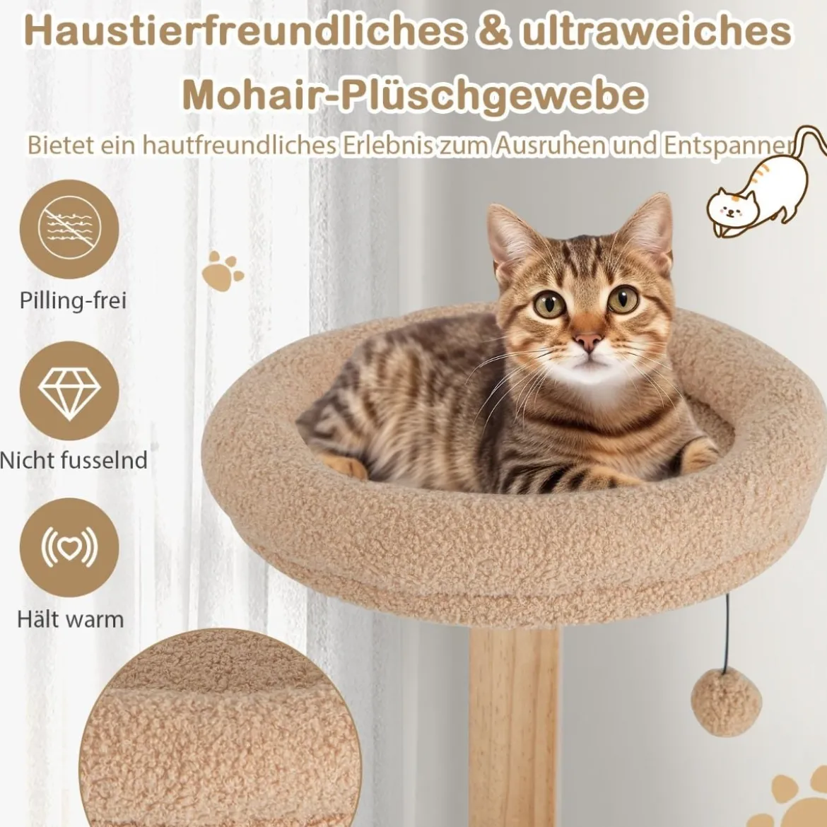 129 cm Holz Kratzbaum mit Katzenhöhle & Abnehmbaren Matten & Bällen Katzenbaum