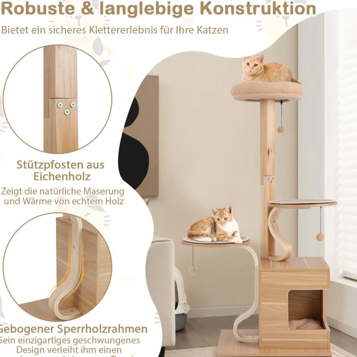 129 cm Holz Kratzbaum mit Katzenhöhle & Abnehmbaren Matten & Bällen Katzenbaum