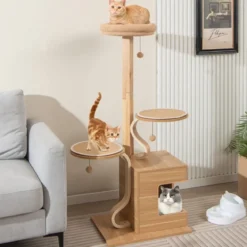 129 cm Holz Kratzbaum mit Katzenhöhle & Abnehmbaren Matten & Bällen Katzenbaum