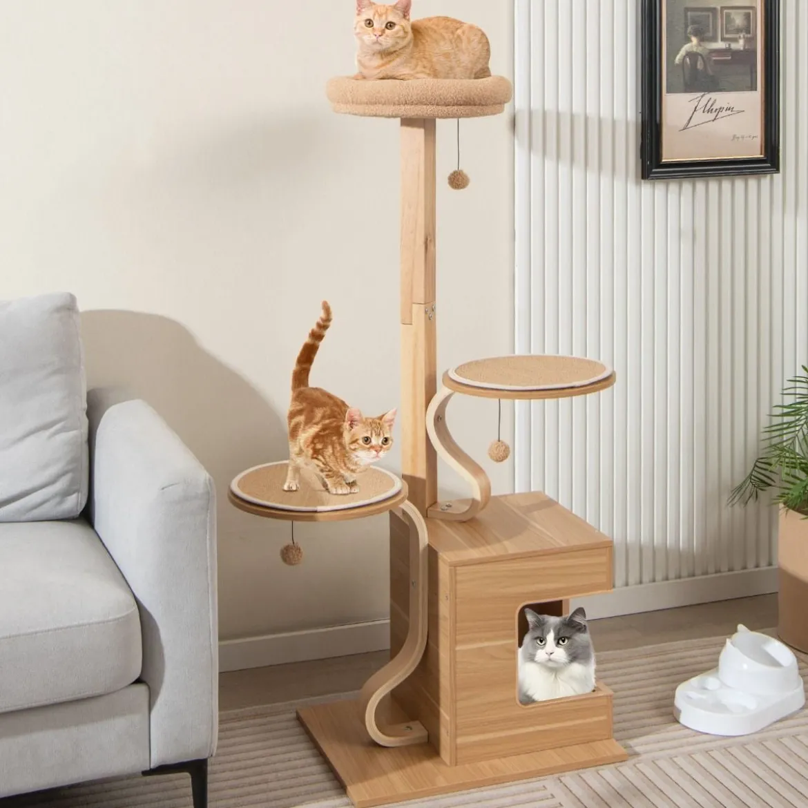 129 cm Holz Kratzbaum mit Katzenhöhle & Abnehmbaren Matten & Bällen Katzenbaum