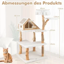 150 cm Holz Kratzbaum mit 2 Liegeplätzen & Höhle & Kratzsäulen & Sisalseil Katzenbaum