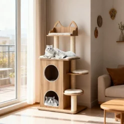 122 cm Holz Kratzbaum mit 2-stöckiger Katzenhöhle & Plattformen Katzenkratzbaum