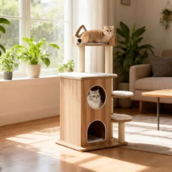 122 cm Holz Kratzbaum mit 2-stöckiger Katzenhöhle & Plattformen Katzenkratzbaum