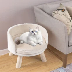42 cm Hundesofa Bett Hundecouch mit Rundem Gepolstertem Kissen 4 Kiefernholzbeine & Rückenlehne Beige