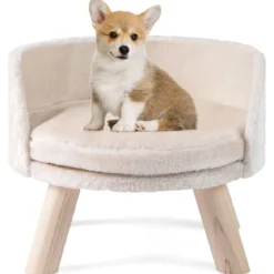 42 cm Hundesofa Bett Hundecouch mit Rundem Gepolstertem Kissen 4 Kiefernholzbeine & Rückenlehne Beige