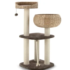 104 cm Katzenbaum aus Holz mit Betten & Spielzeugball & Seil & Sisal umwickelte Säulen